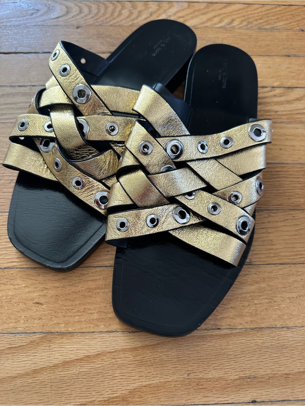 Superb condition Rag and Bone Hartley Gold Braided Grommet Slide Sandals - Women